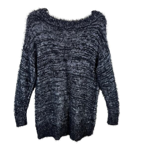 Rock & Roll Black Silver Heather Long Sleeve V-Neck Fuzzy Pullover Sweater Sz L - Picture 2 of 5